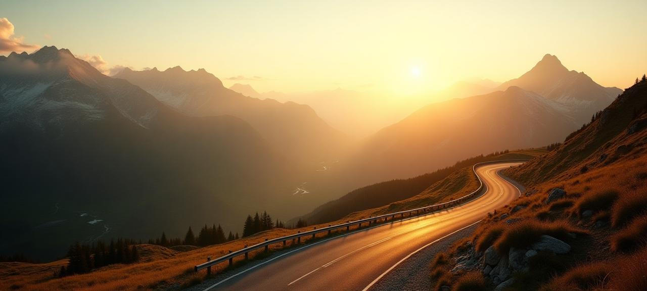 Evocative view of the Austrian Alps with a winding road at sunset